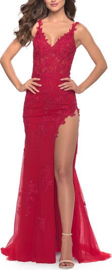 La Femme Women's Lace Dress with High Side Slit and V Neckline - Red - Maxi dresses La Femme Women's Lace Dress with High Side Slit and V Neckline - Red - Maxi dresses