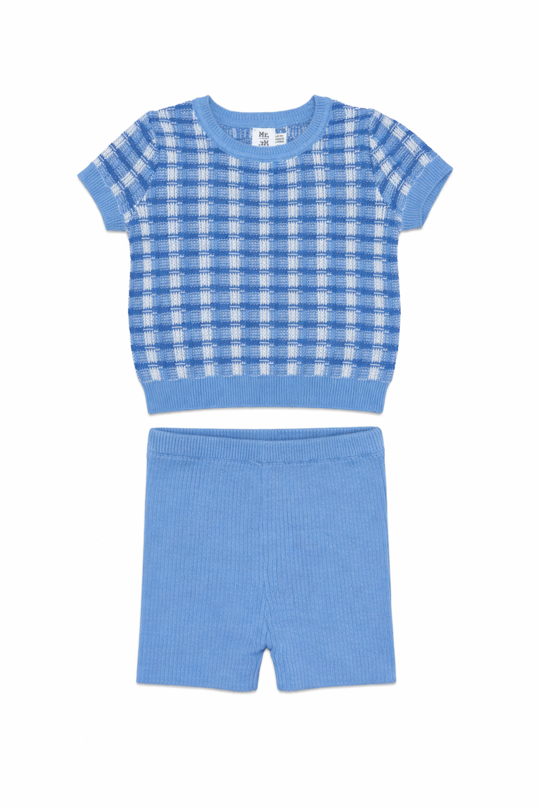 Basket Weave Short Sleeve Knit Sweater and Rib Short Set, Main, color, Light Blue