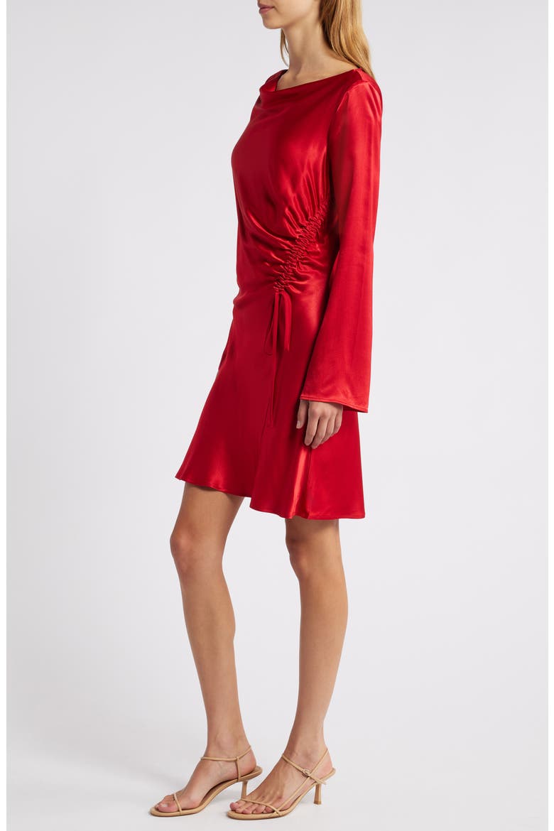 Alessandra Long Sleeve Ruched Satin Dress, Alternate, color, SCARLET