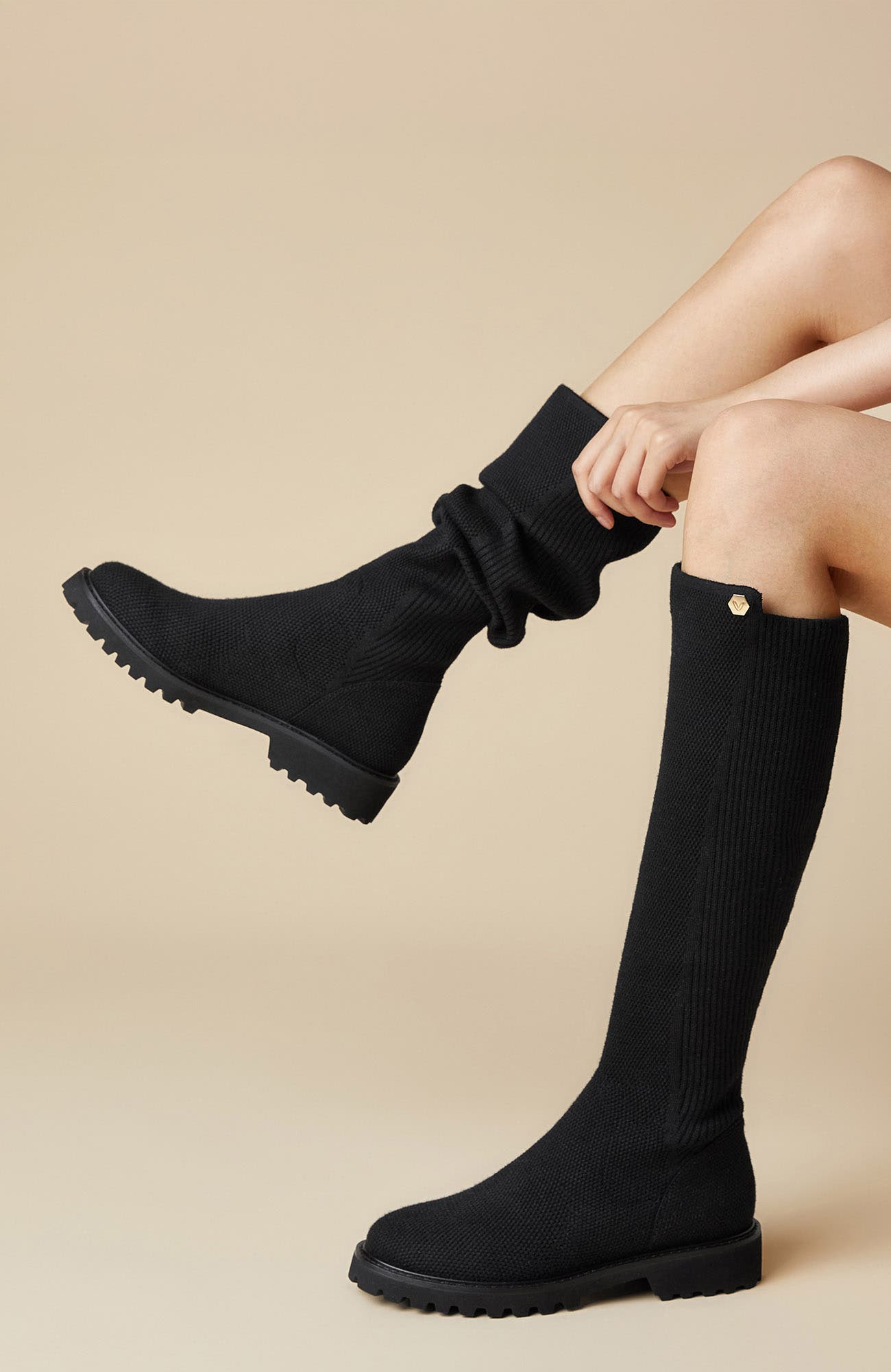 VIVAIA Round-Toe Stretchy Wool Knee-High Boots, Alternate, color, Black