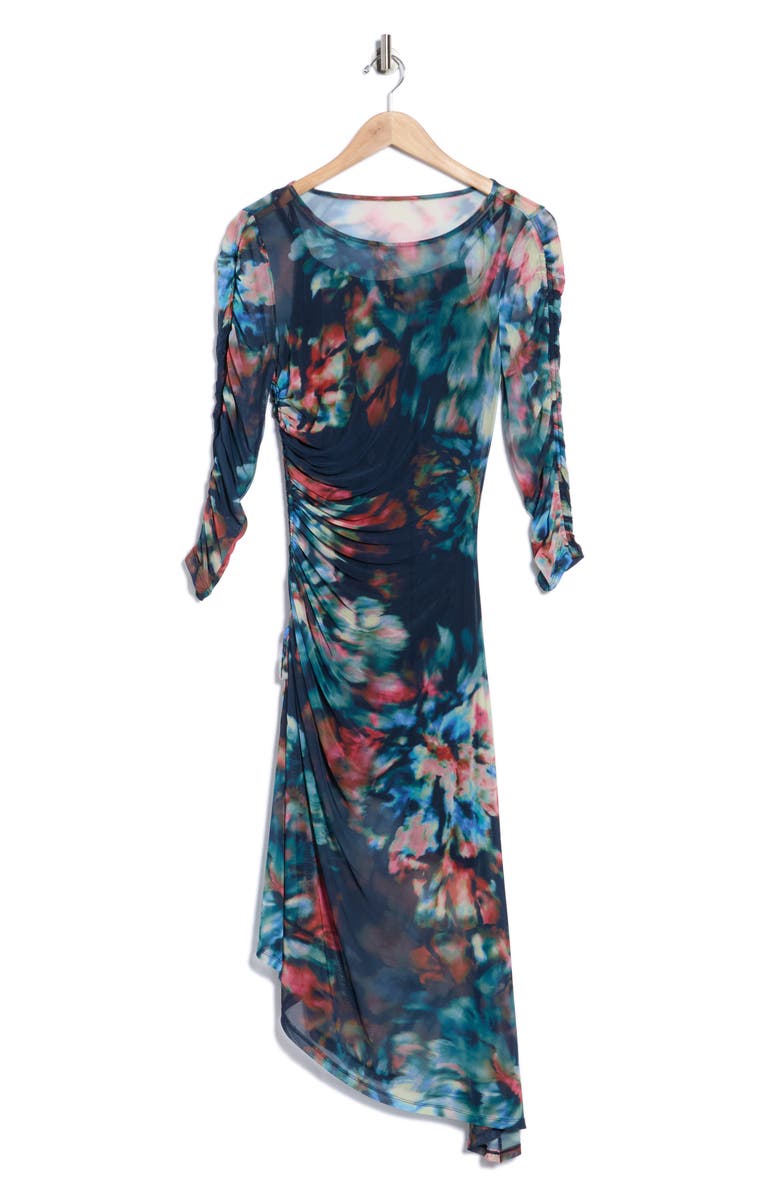 Calvin Klein Mesh Three-Quarter Sleeve Asymmetrical Hem Dress, Alternate, color, Indigo Multi