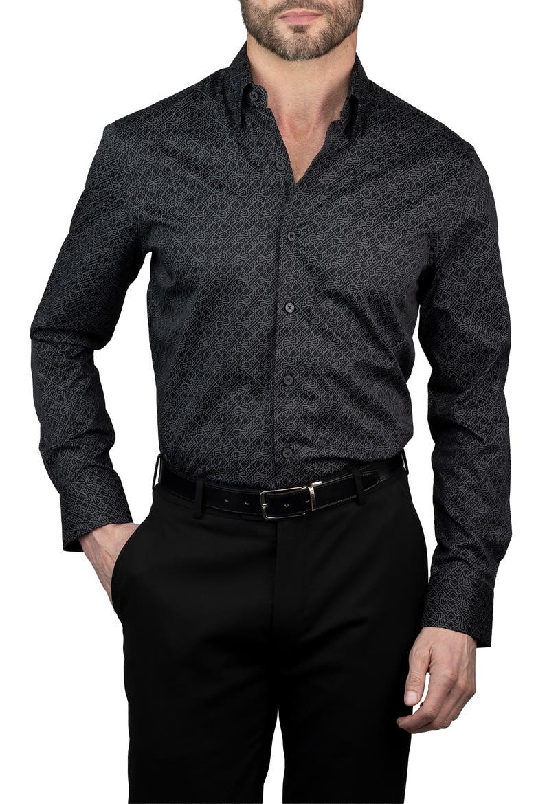 Trim Fit Karl Print Cotton Dress Shirt, Main, color, BLACK