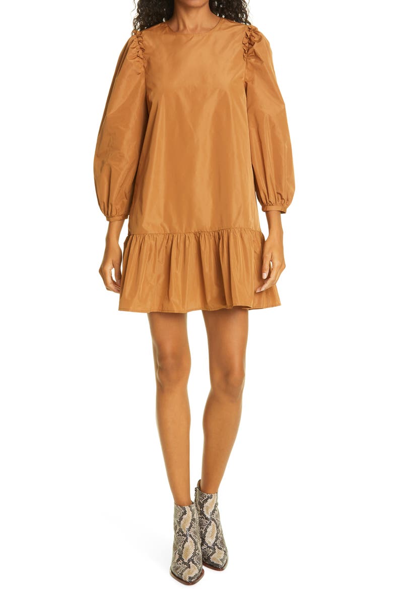 Cinq á Sept Jackie Ruffle Trim Minidress, Main, color, CINNAMON