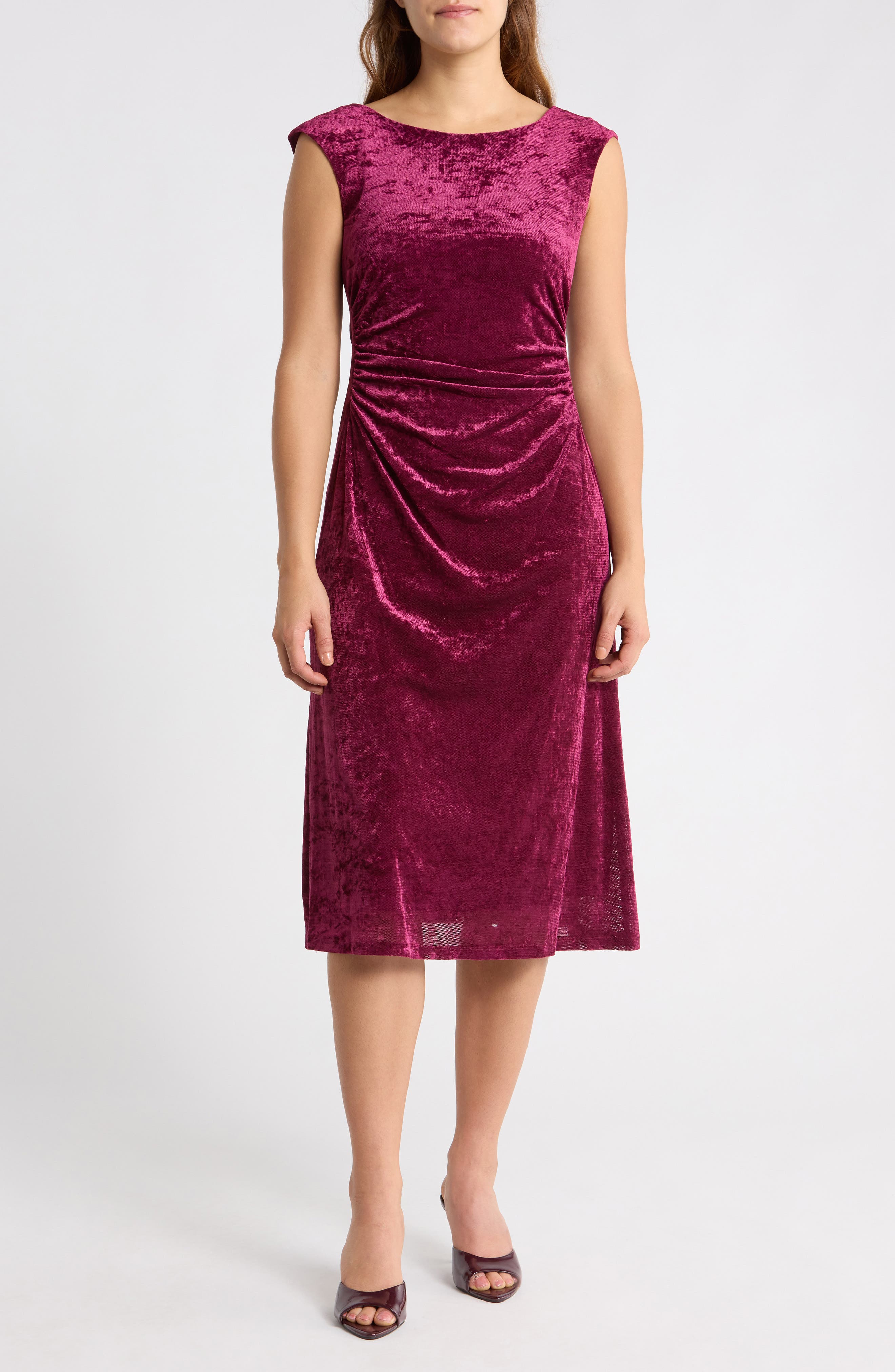 Shirred Waist Velvet Mesh Midi Dress
