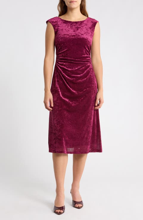 Shirred Waist Velvet Mesh Midi Dress