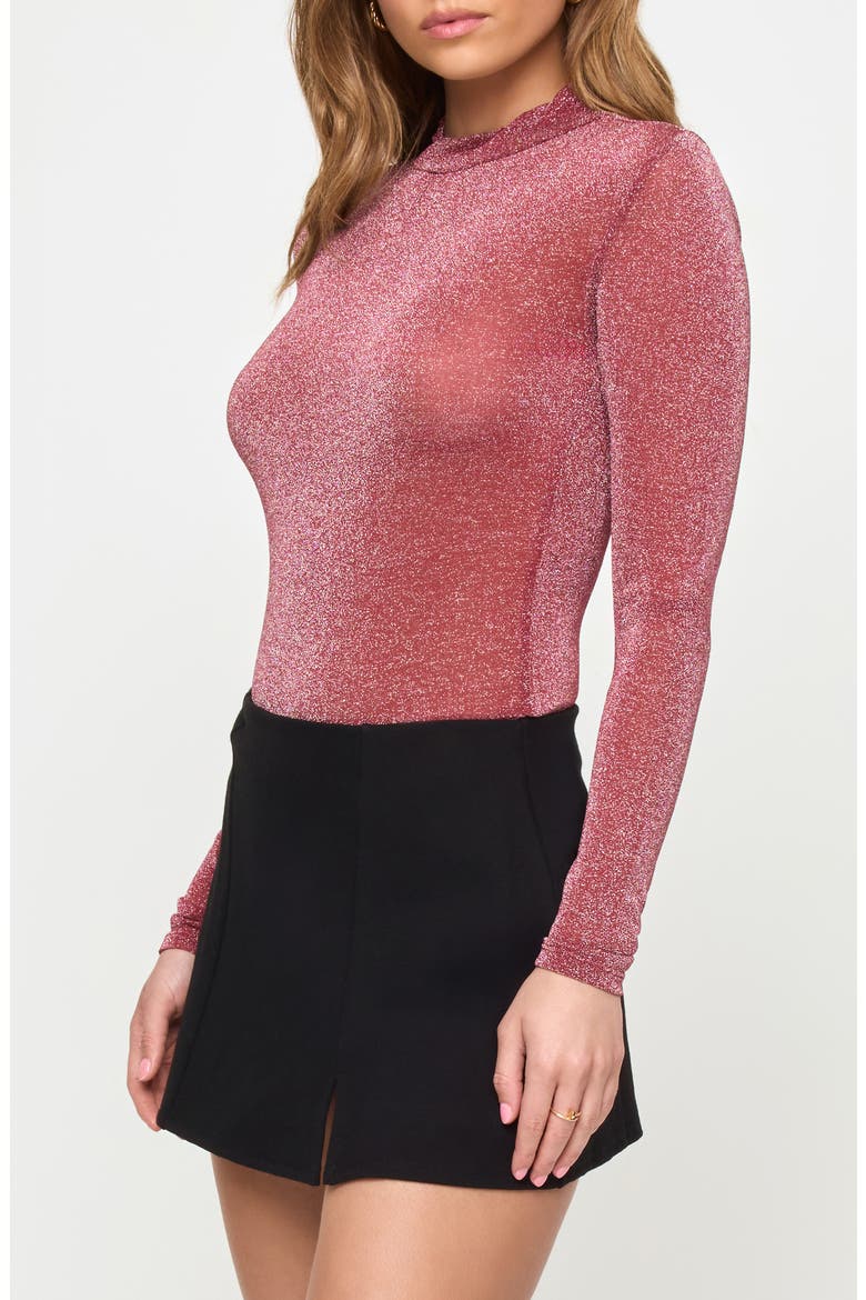 Shimmer Mock Neck Long Sleeve Mesh Top, Alternate, color, SANGRIA