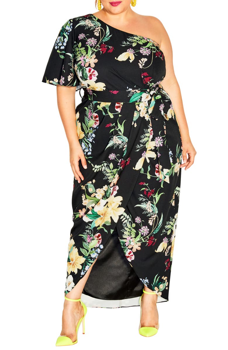 City Chic Bonnie One Shoulder Floral Print Maxi Dress, Main, color, 
