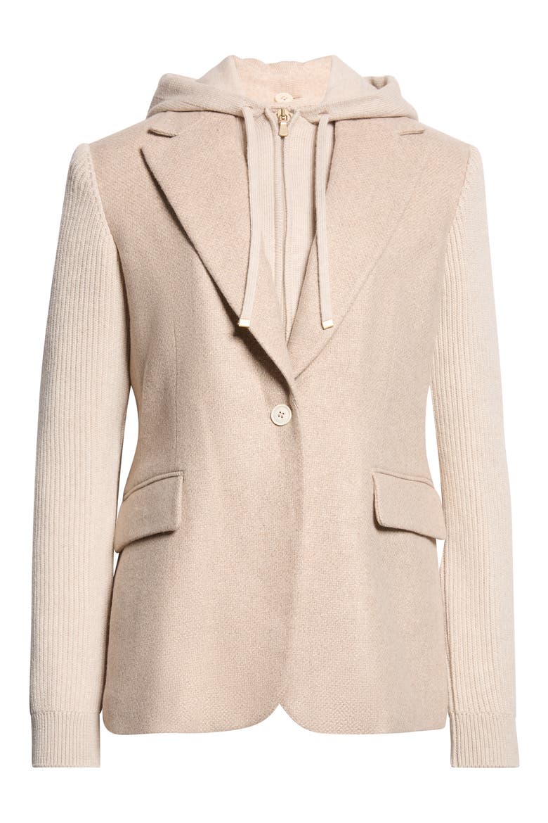 Mixed Media Wool & Silk Jacket with Hooded Bib Inset, Main, color, 02 SAND