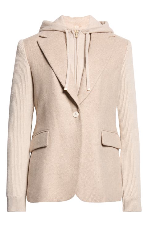 Mixed Media Wool & Silk Jacket with Hooded Bib Inset