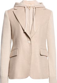 Eleventy Mixed Media Wool & Silk Jacket with Hooded Bib Inset