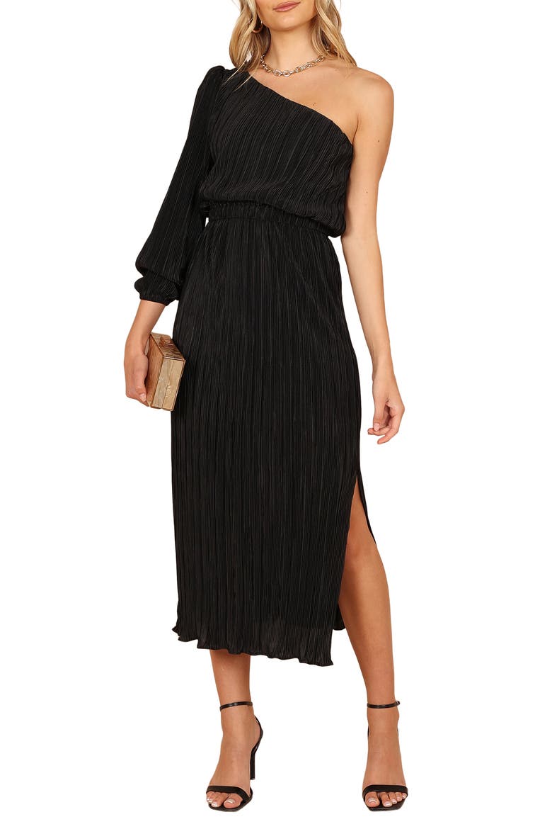 Pontee Plissé One-Shoulder Midi Dress, Main, color, BLACK