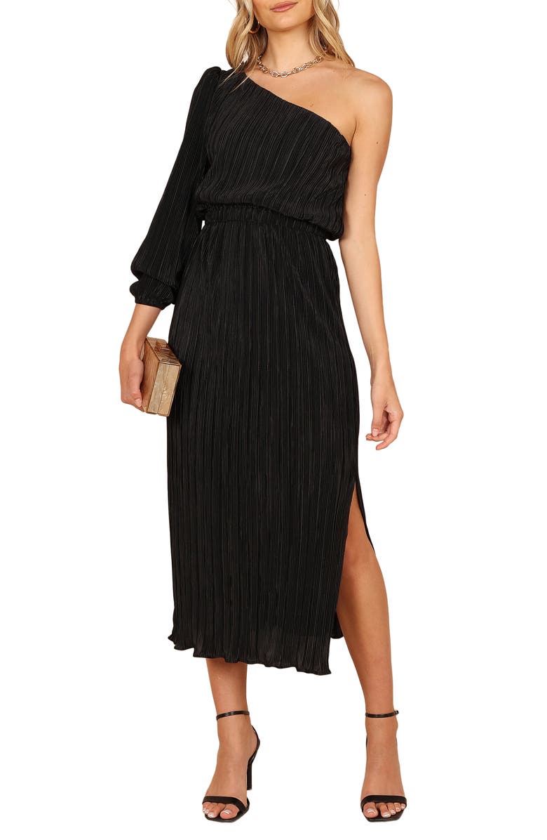 Petal & Pup Pontee Plissé One-Shoulder Midi Dress, Main, color, Black