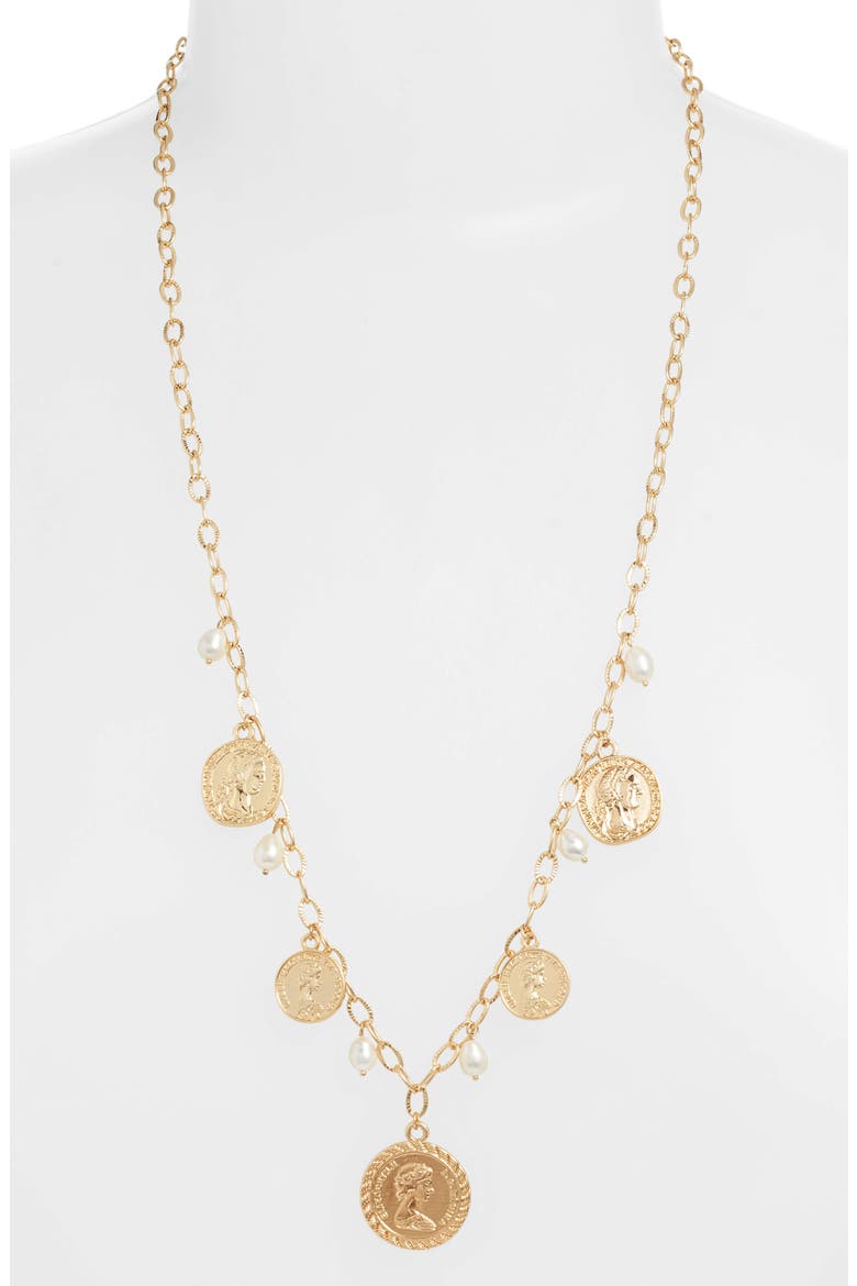 Coin & Natural Pearl Long Necklace, Main, color, GOLD
