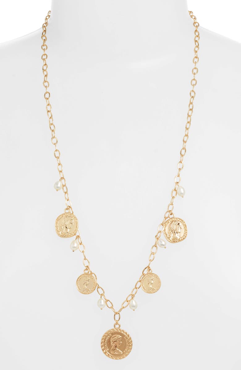 Ettika Coin & Natural Pearl Long Necklace, Main, color,