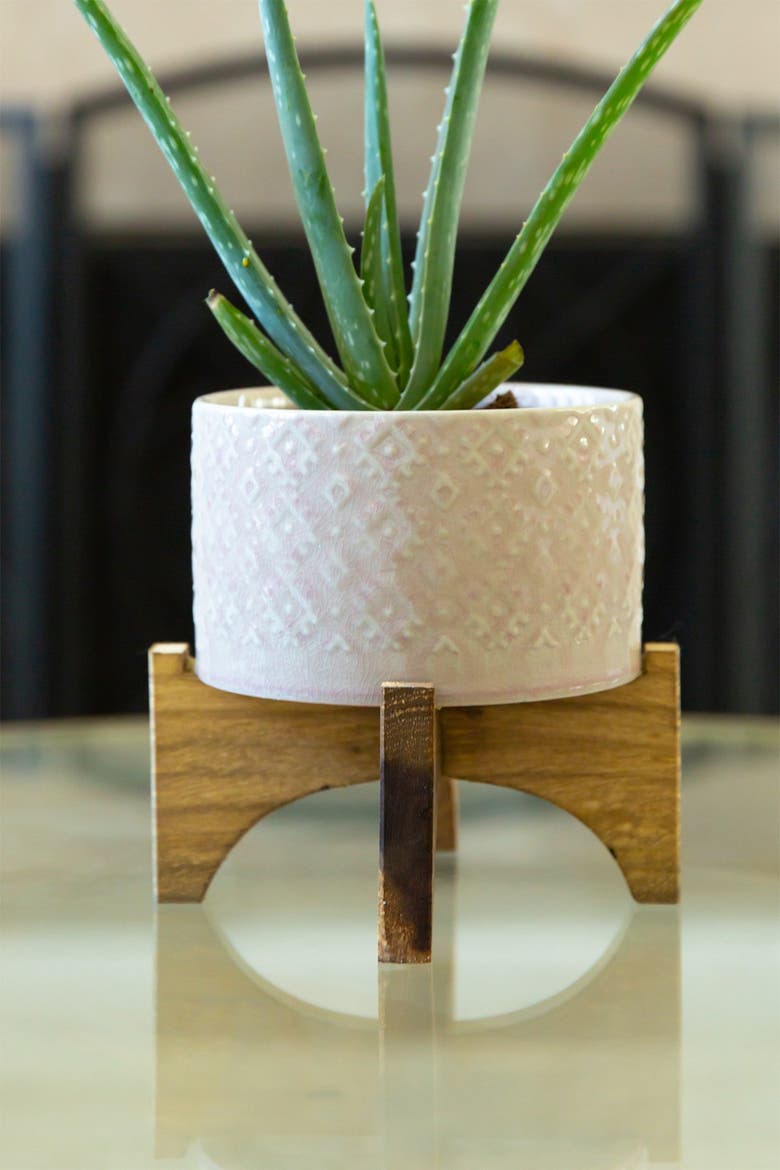5" Geo Ceramic Planter on Wood Stand, Alternate, color, PINK