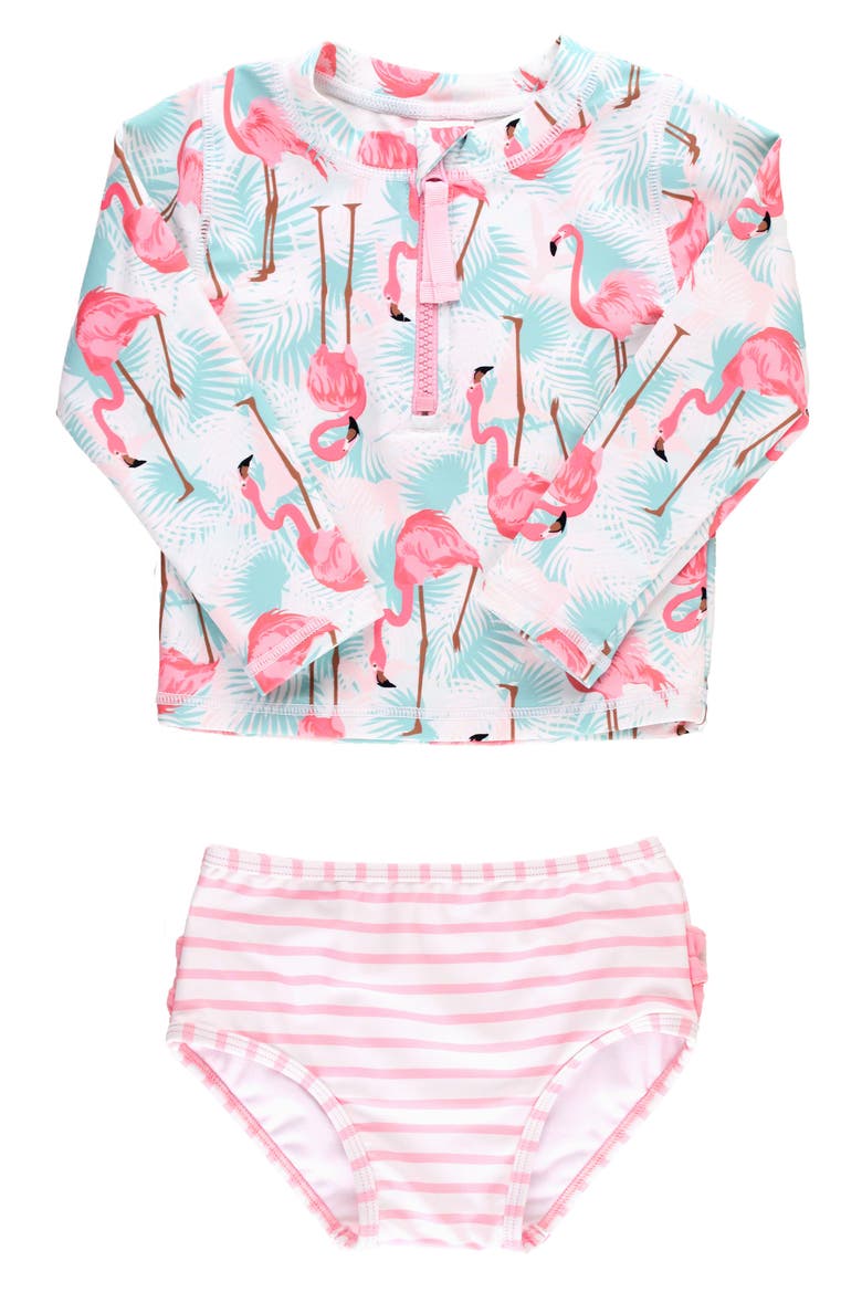 Kids' Vibrant Flamingo Long Sleeve Two-Piece Rashguard Swimsuit, Main, color, BLUE