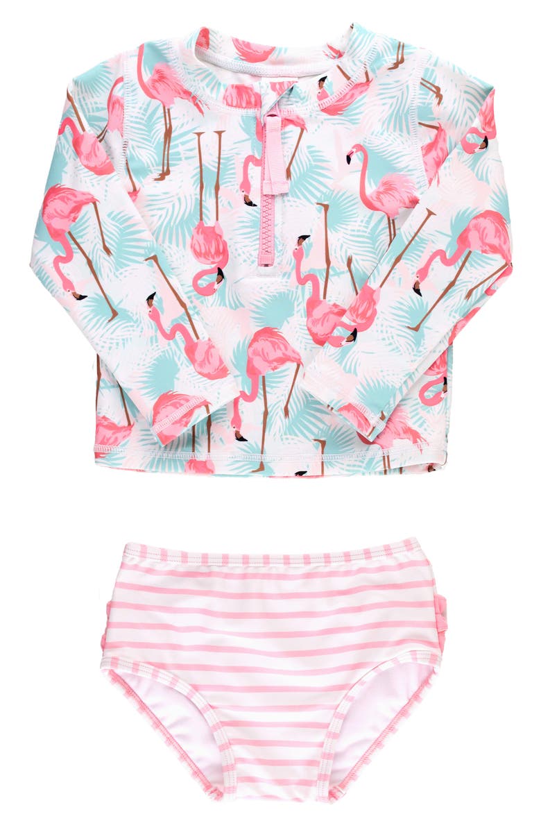 RuffleButts Kids' Vibrant Flamingo Long Sleeve Two-Piece Rashguard Swimsuit, Main, color, Blue