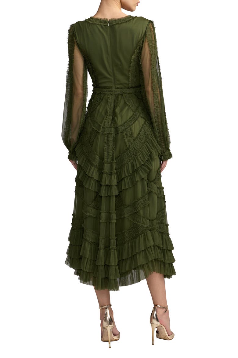 Long Sleeve V Neck Mesh Micro Ruffle Midi Dress, Alternate, color, Olive