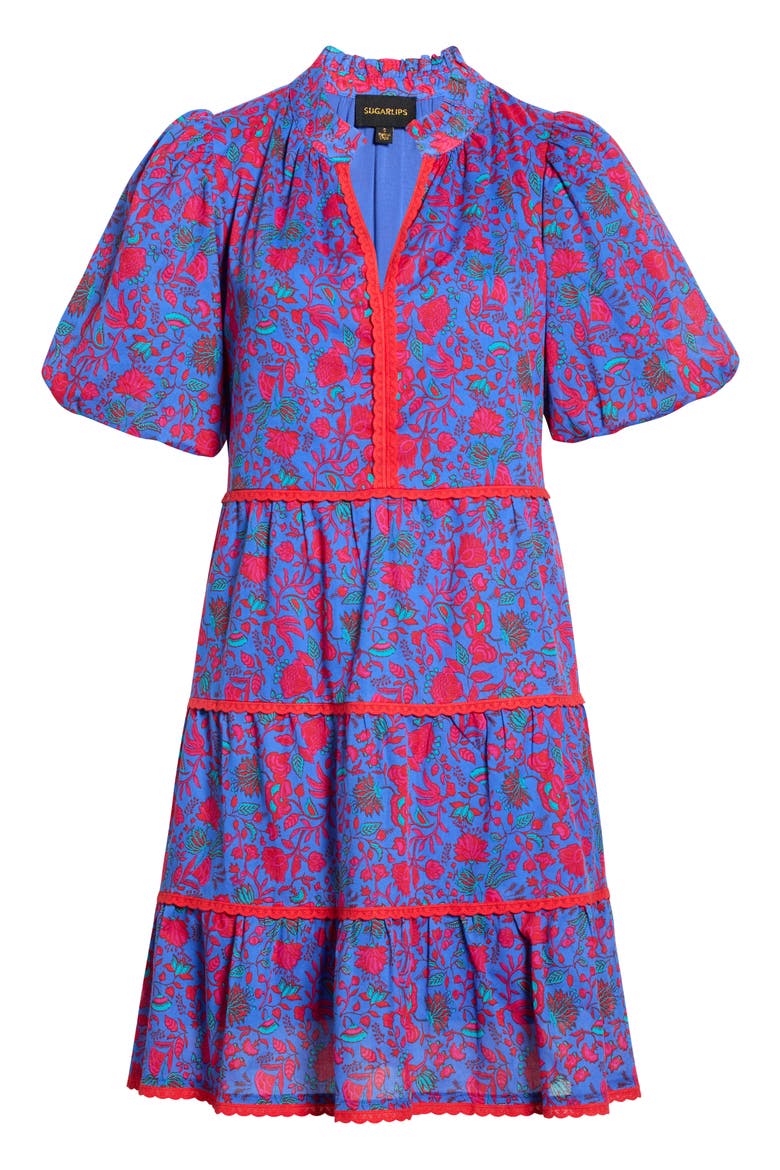 Tanya Floral Tiered Cotton Dress, Alternate, color, BLUE-FUCHSIA