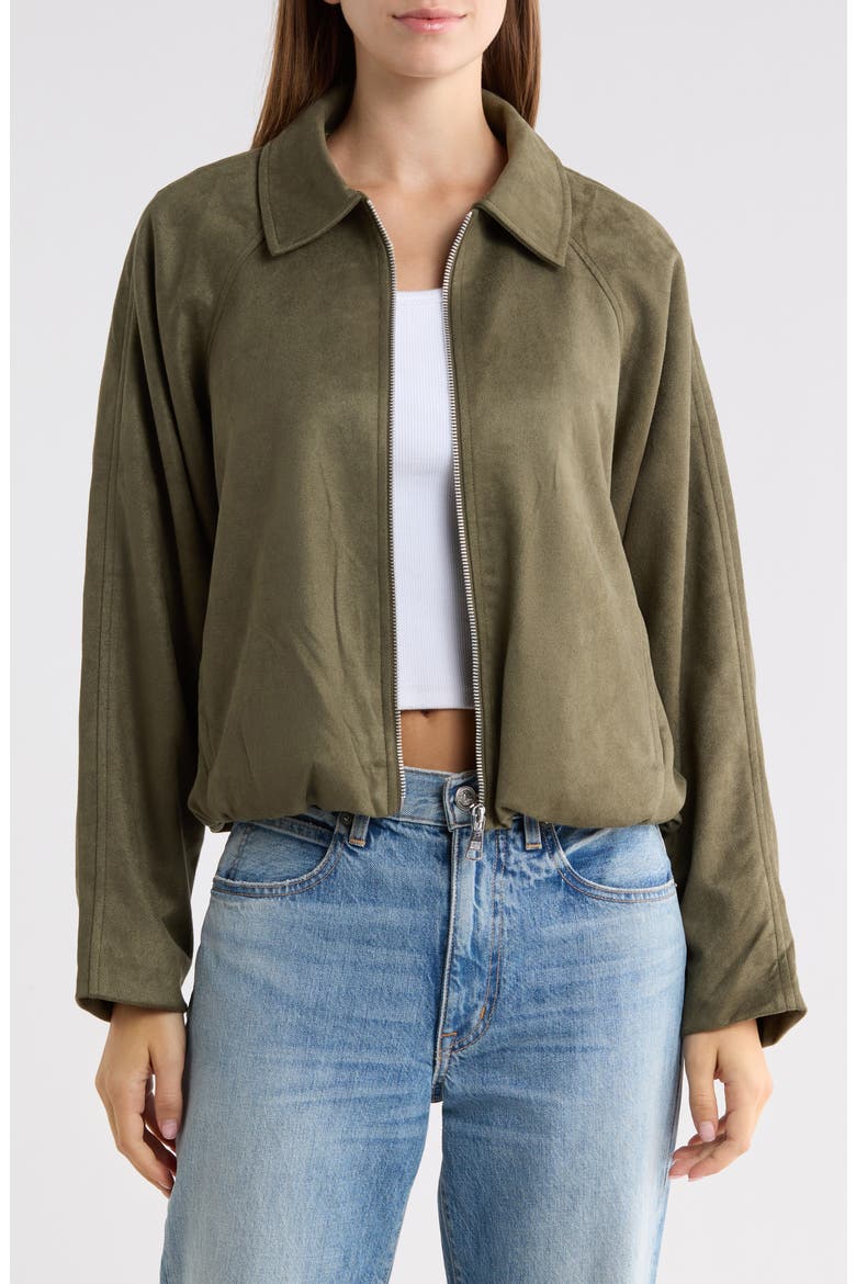 Faux Suede Zip Up Bubble Jacket, Main, color, OLIVE NIGHT