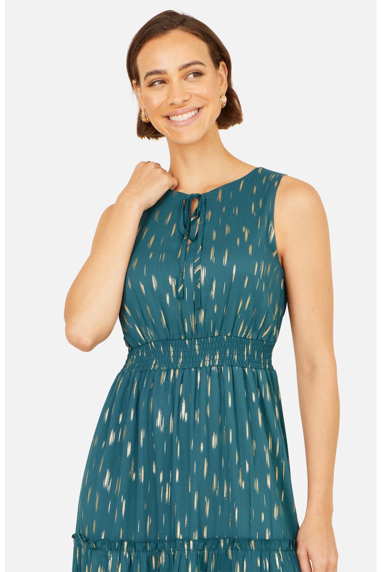 Foil Print Ruched Waist Midi Dress, Alternate, color, Teal