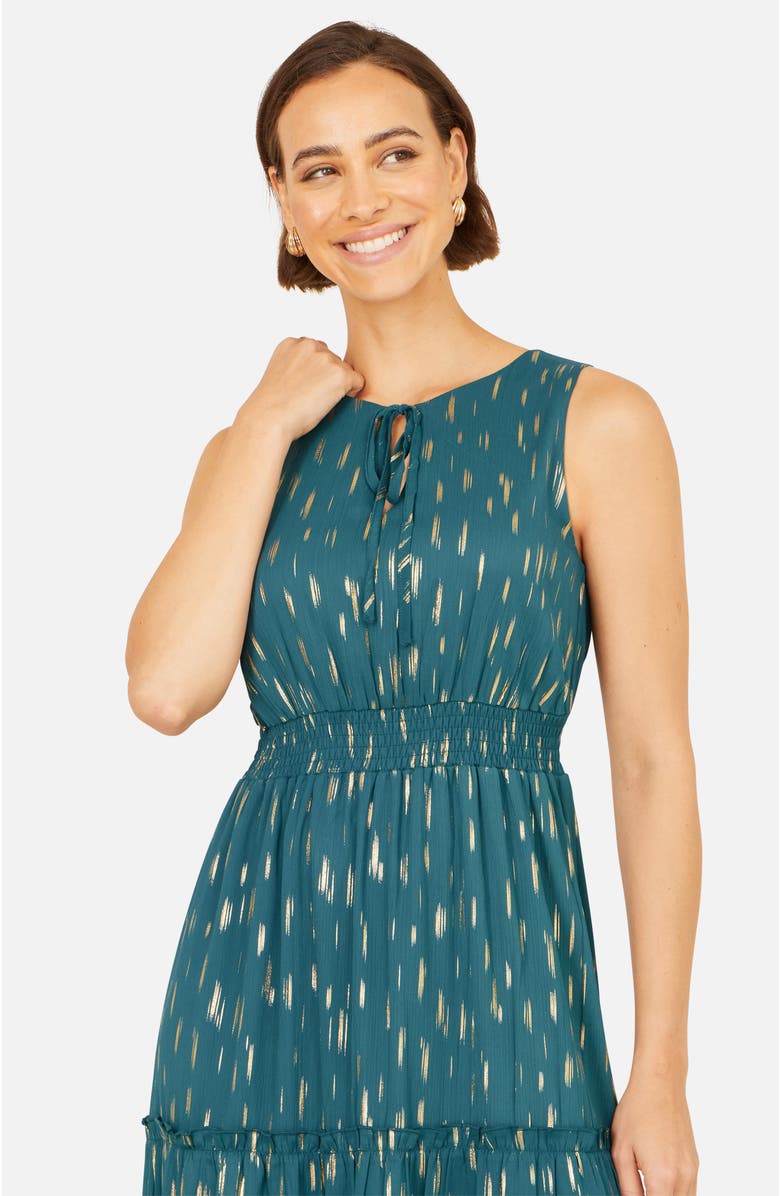 Yumi Foil Print Ruched Waist Midi Dress, Alternate, color, Teal