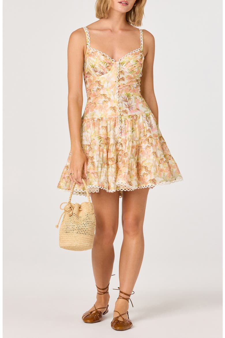 Tazia Leaf Print Scallop Trim Minidress, Main, color, YELLOW PINK FLORAL