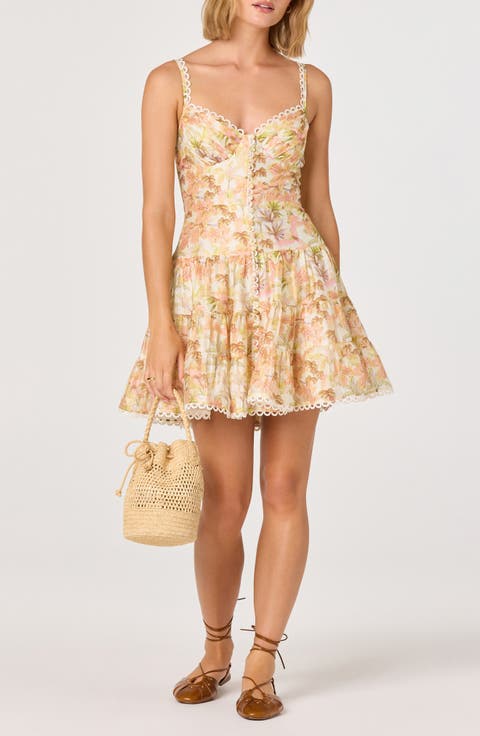 Tazia Leaf Print Scallop Trim Minidress