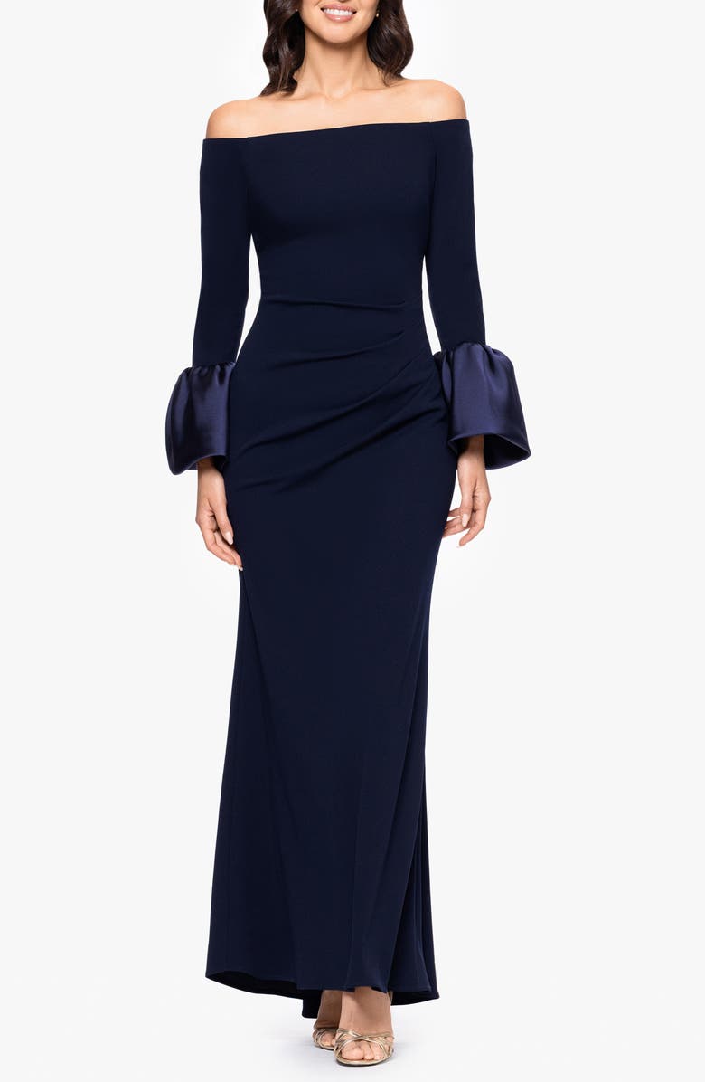 Betsy & Adam Off the Shoulder Long Sleeve Scuba Crepe Gown, Main, color, Navy