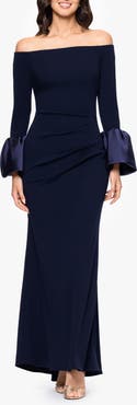 Betsy & Adam Off the Shoulder Long Sleeve Scuba Crepe Gown