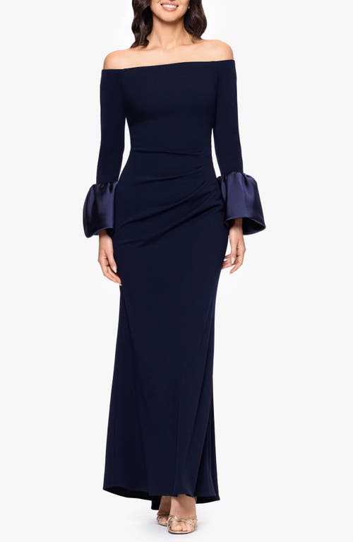 Betsy & Adam Off The Shoulder Long Sleeve Scuba Crepe Gown In Blue