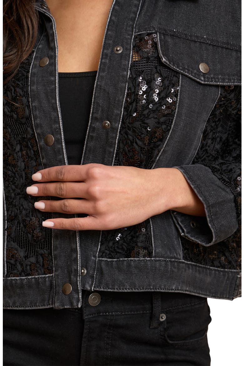 Lace Trim Denim Trucker Jacket, Alternate, color, BLACK