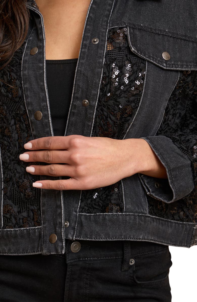 SAACHI Lace Trim Denim Trucker Jacket, Alternate, color, Black