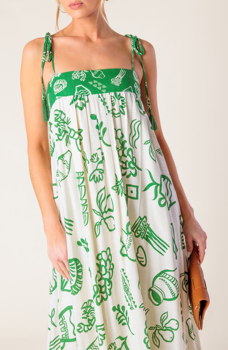 FLYING TOMATO Shoulder Tie Print Maxi Dress, Alternate, color, Ivory Green