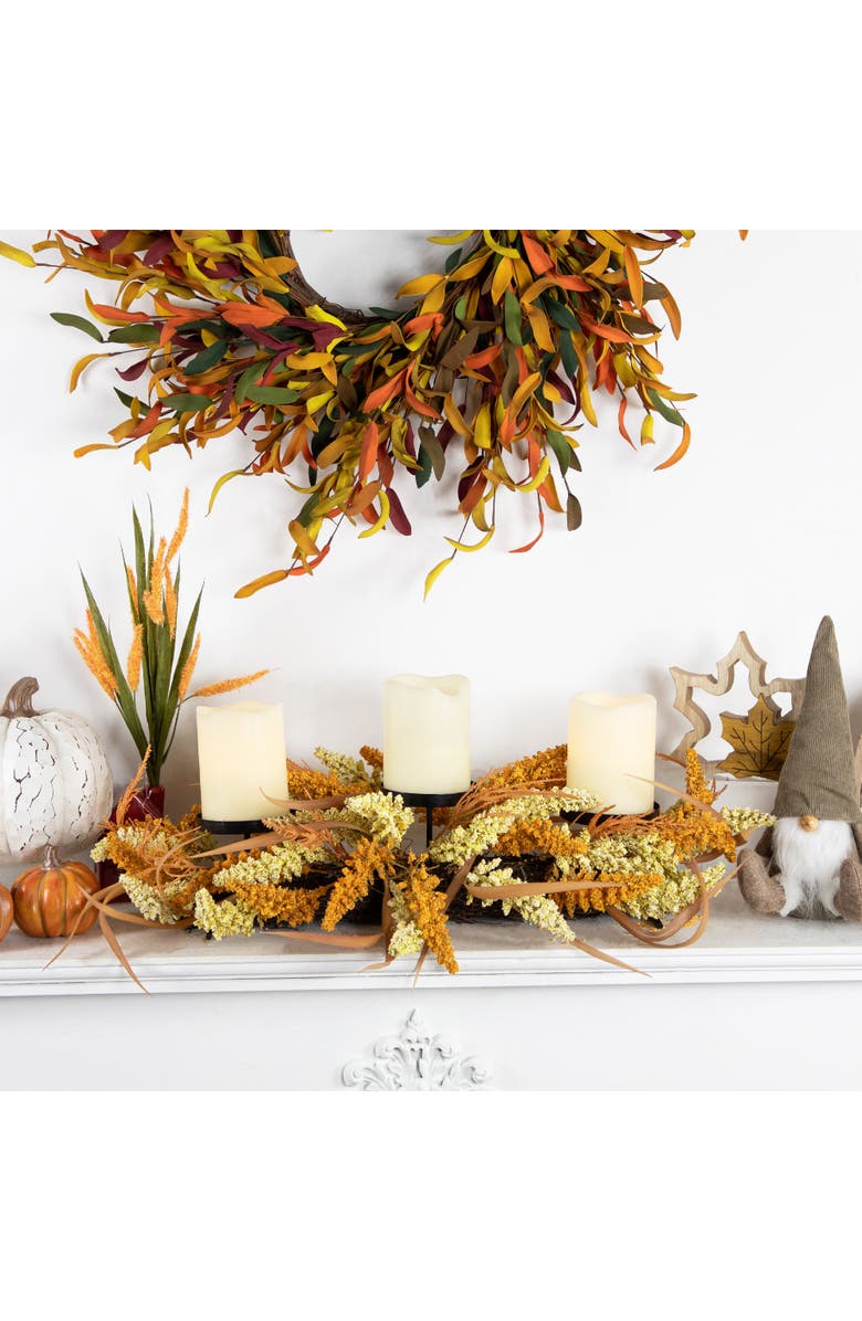 Northlight Autumn Harvest Triple Candle Holder with Artificial Fall Foliage - 22", Alternate, color, 