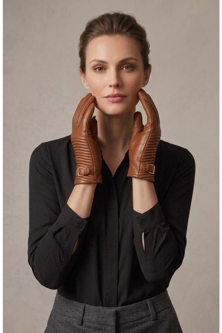 Leather quilted gloves with belt, Alternate, color, TOBACCO