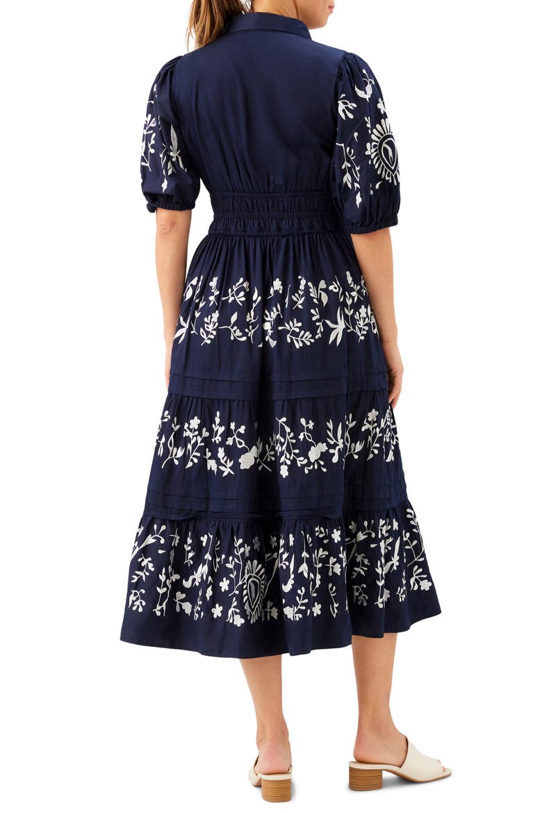 Embroidered Puff Sleeve Tiered Midi Dress, Alternate, color, NAVY