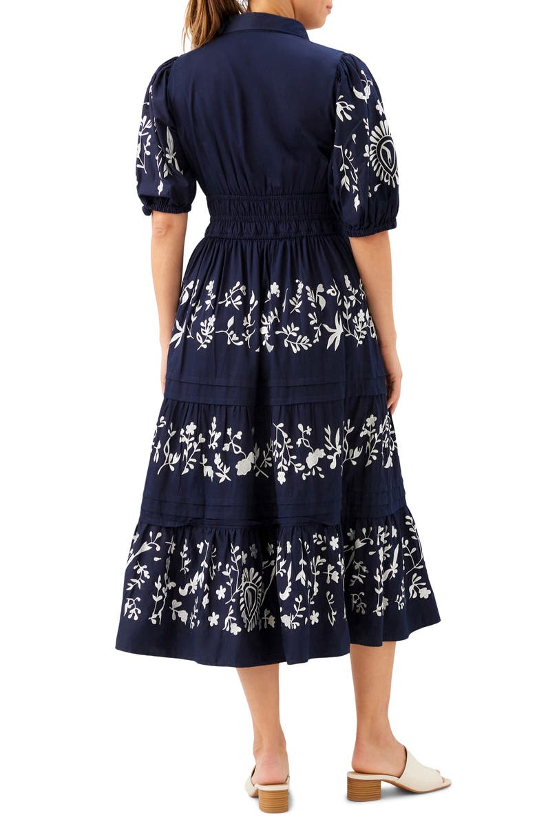 Karen Kane Embroidered Puff Sleeve Tiered Midi Dress, Alternate, color, Navy