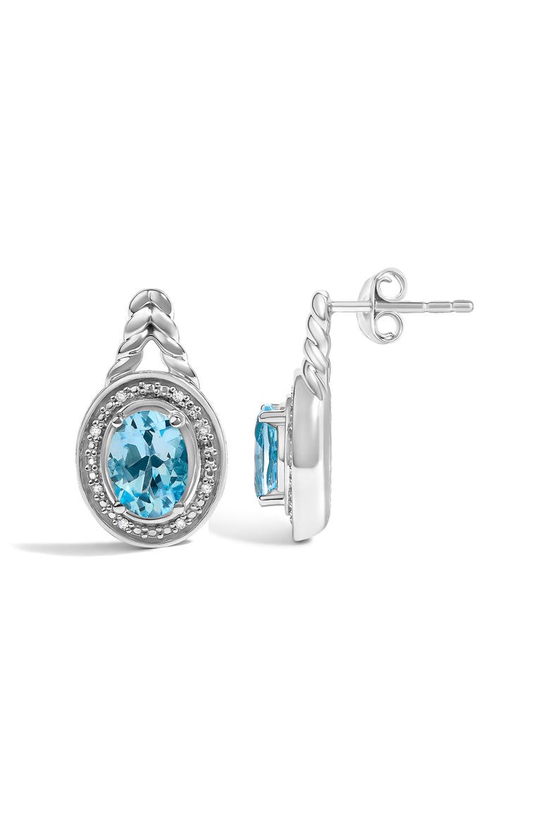 Sterling Silver Oval Blue Topaz and Diamond Accent Twist and Halo Drop Earrings, Alternate, color, Silver