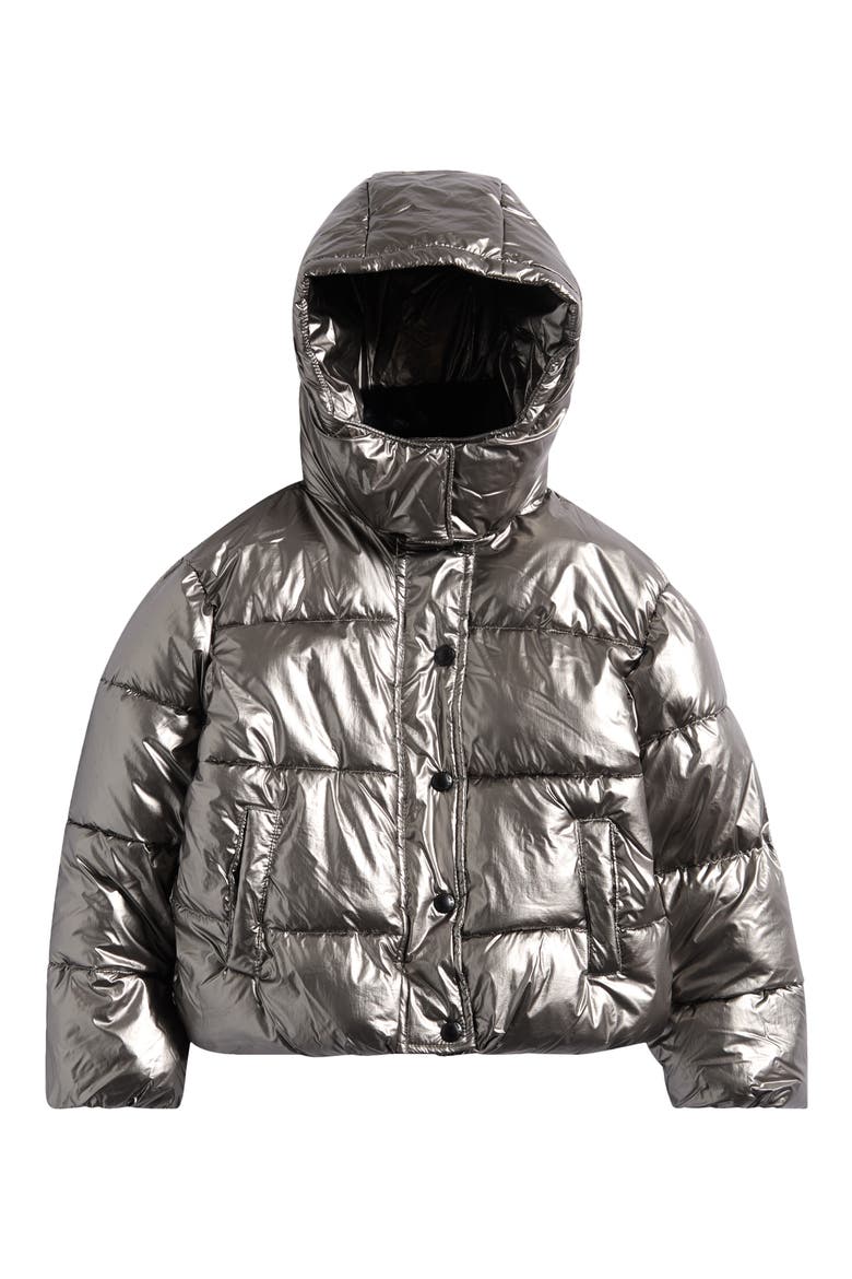 Kids' Metallic Faux Fur Collar Puffer Jacket, Main, color, PEWTER