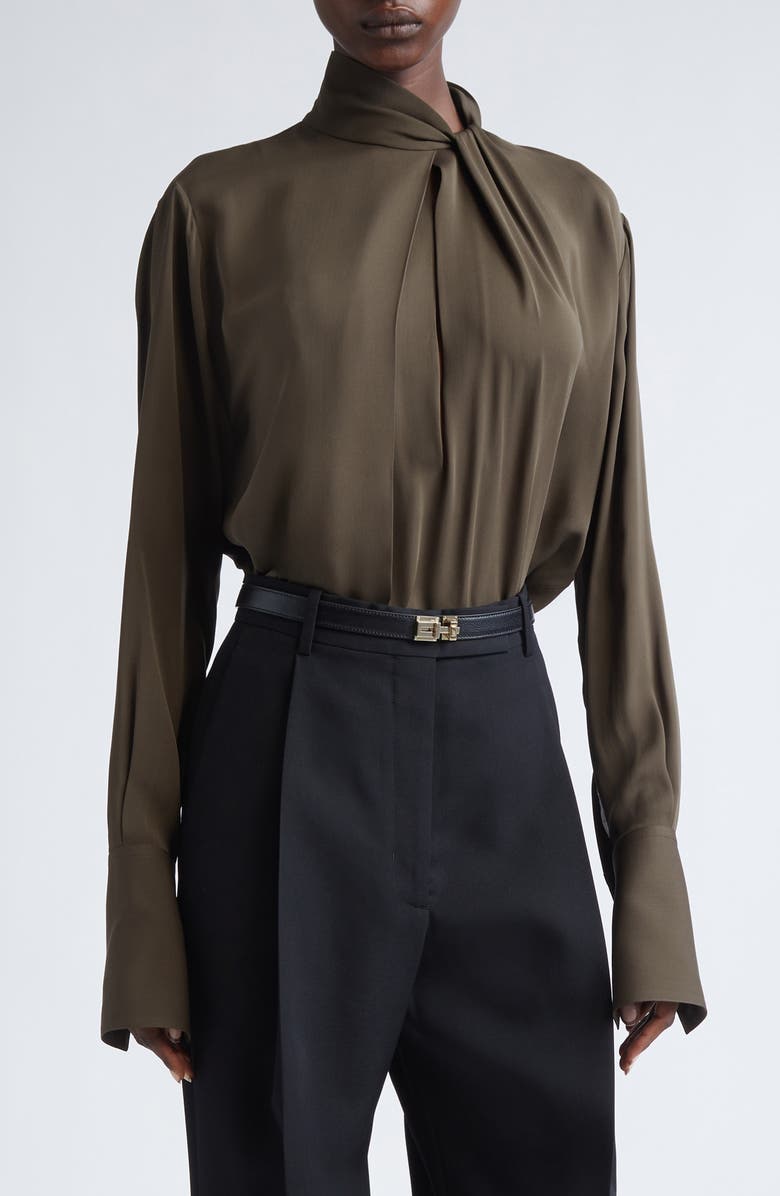 TOM FORD Keyhole Cutout Washed Silk Georgette Top, Main, color, Kb349 Desert Palm
