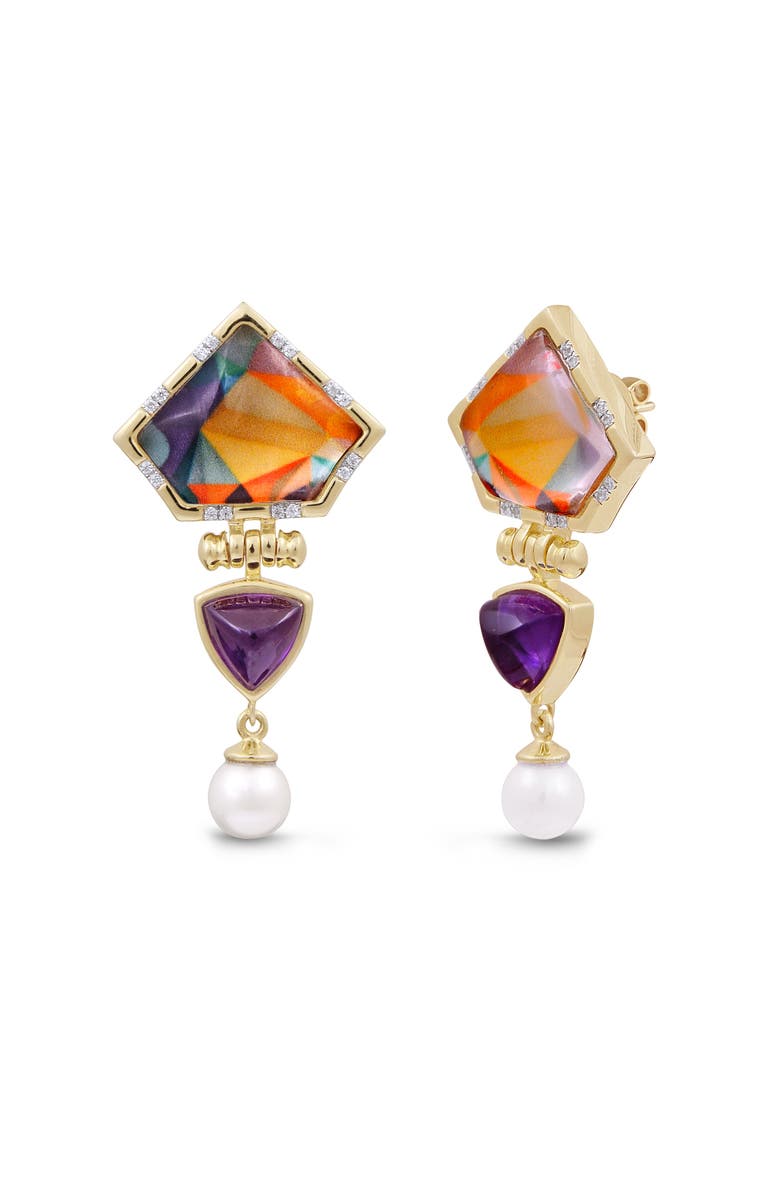 LuvMyJewelry Mysterious Mayhem Amethyst Gemstone Diamond Pearl Yellow Gold Plated Silver Earrings, Alternate, color,