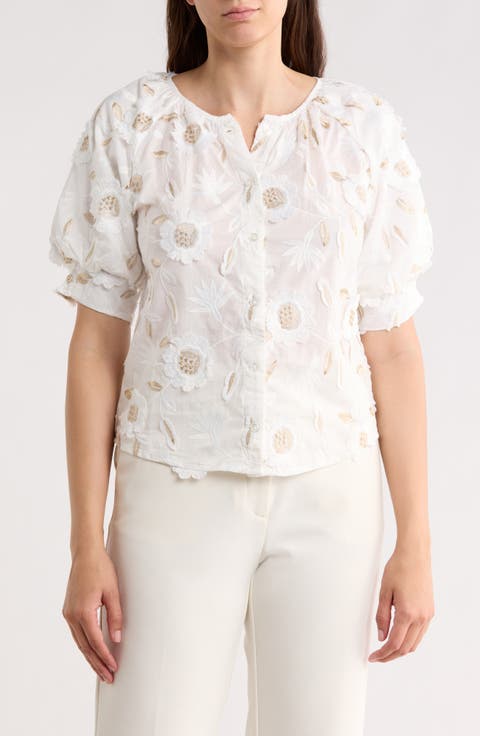 3D Floral Appliqué Button-Up Top