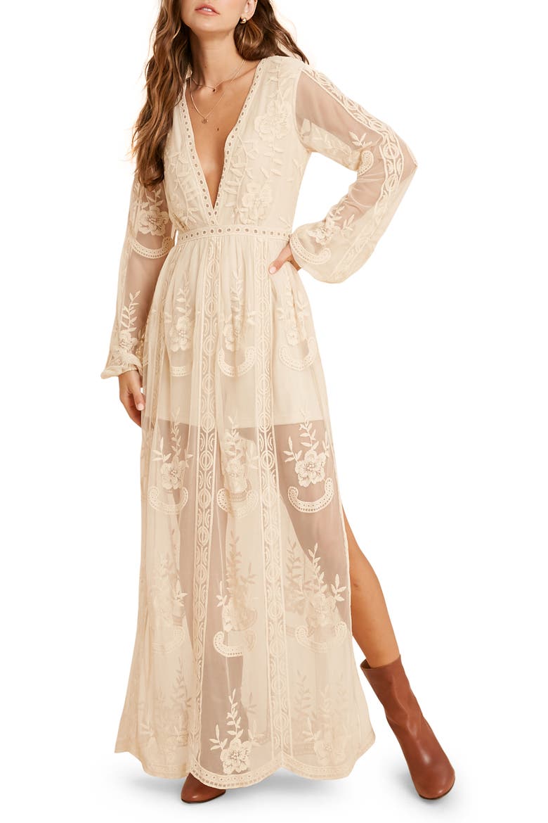 Floral Embroidered Long Sleeve Maxi Dress, Main, color, CREAM