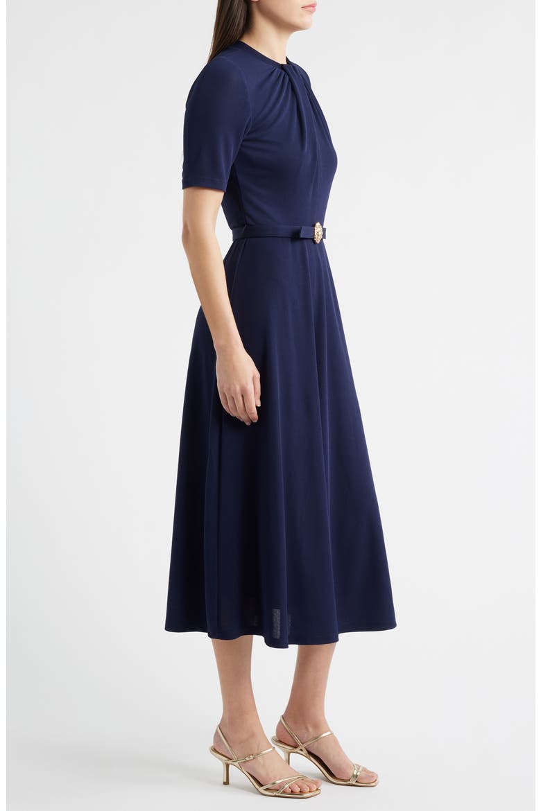 Twist Neck Belted Midi Dress, Alternate, color, DEEP NAVY