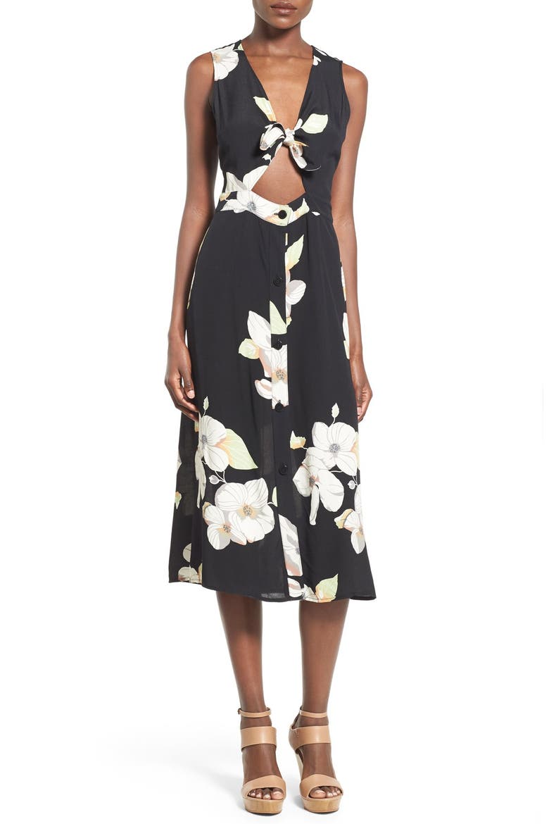Floral Tie Front Midi Dress, Main, color, BLACK CHINOSRIE