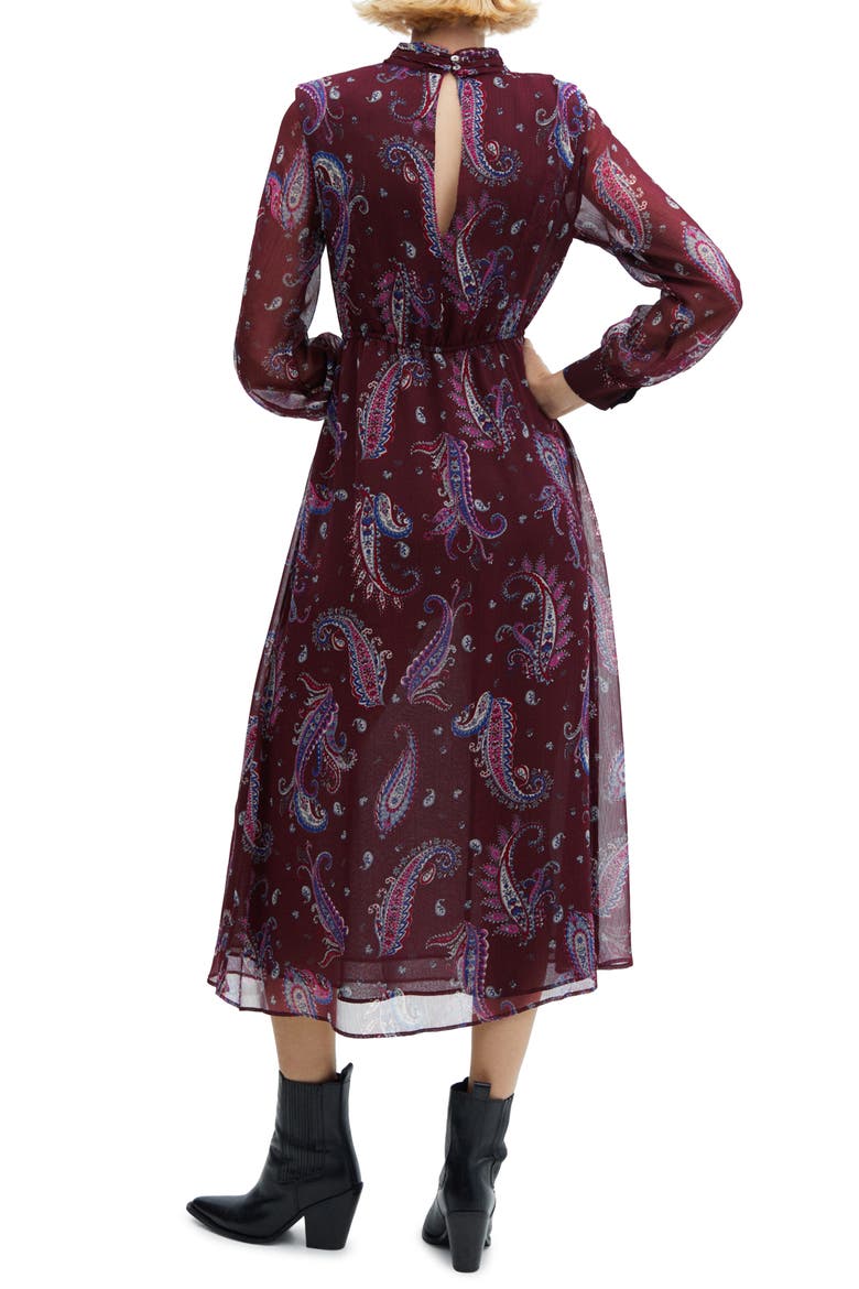 Paisley Print Long Sleeve Chiffon Midi Dress, Alternate, color, MAROON