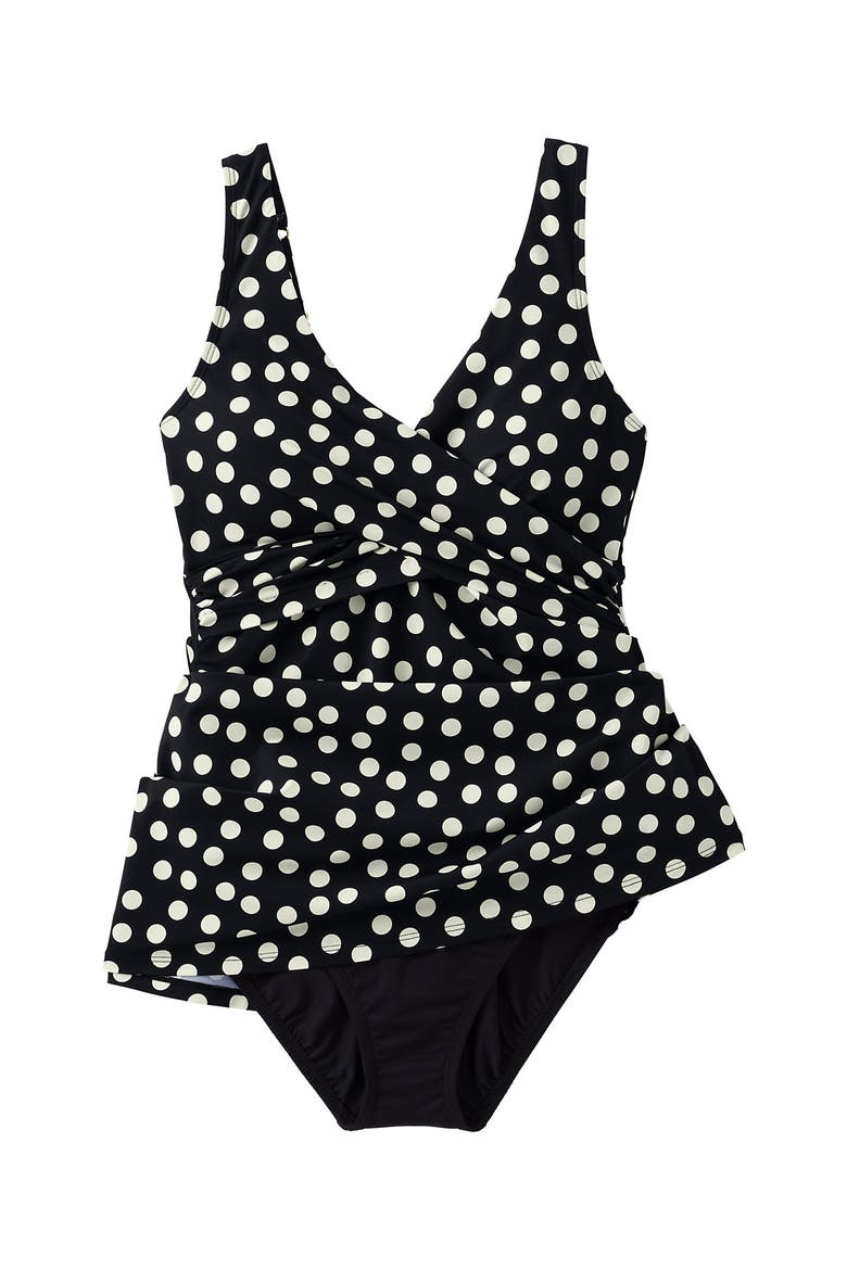 SlenderSuit V-neck Wrap Swim Dress One Piece Swimsuit Adjustable Straps, Alternate, color, Black/Egret White Tossed Dots