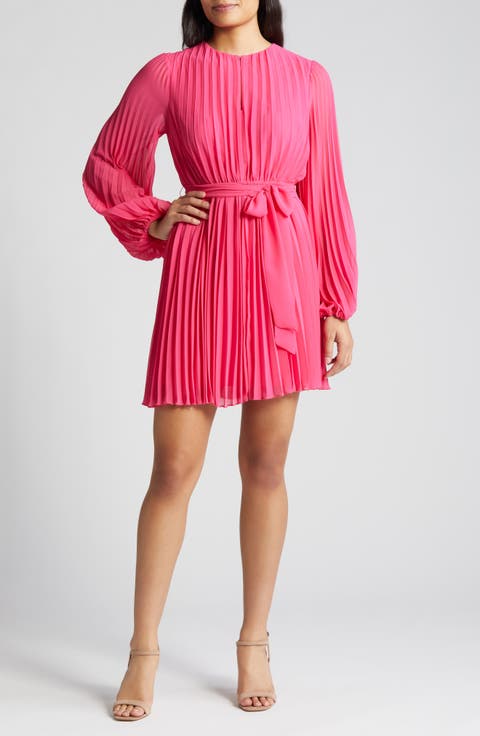 Long Sleeve Pleated Georgette Dress