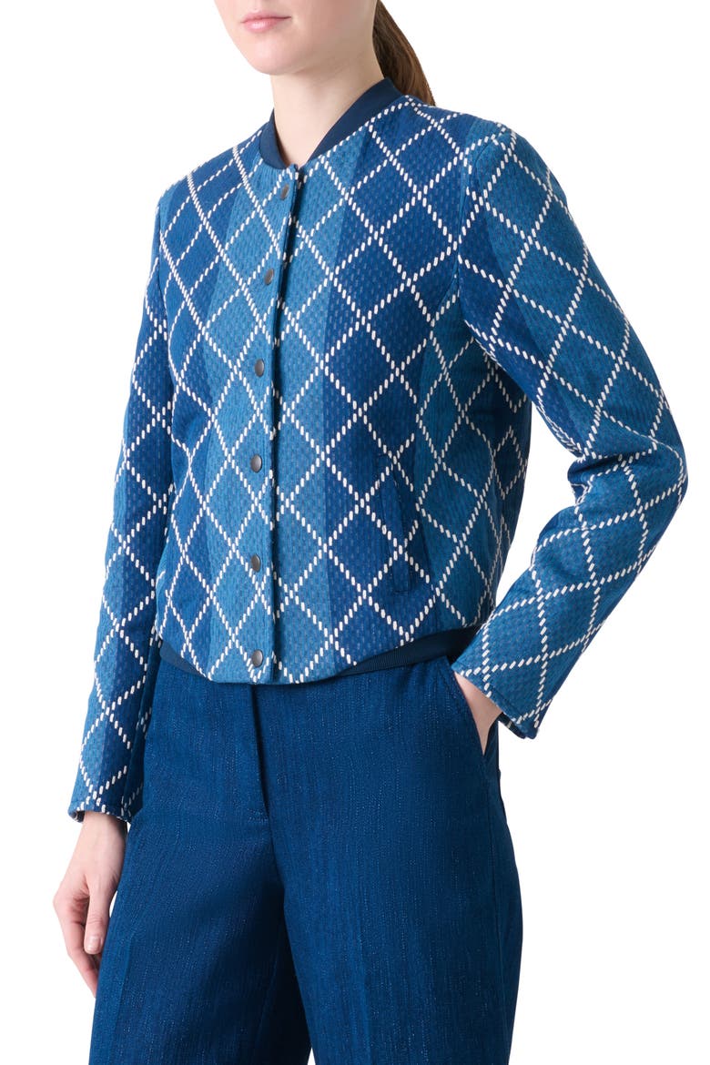 Diamond Jacquard Crop Bomber Jacket, Alternate, color, MEDIUM DENIM-CREAM